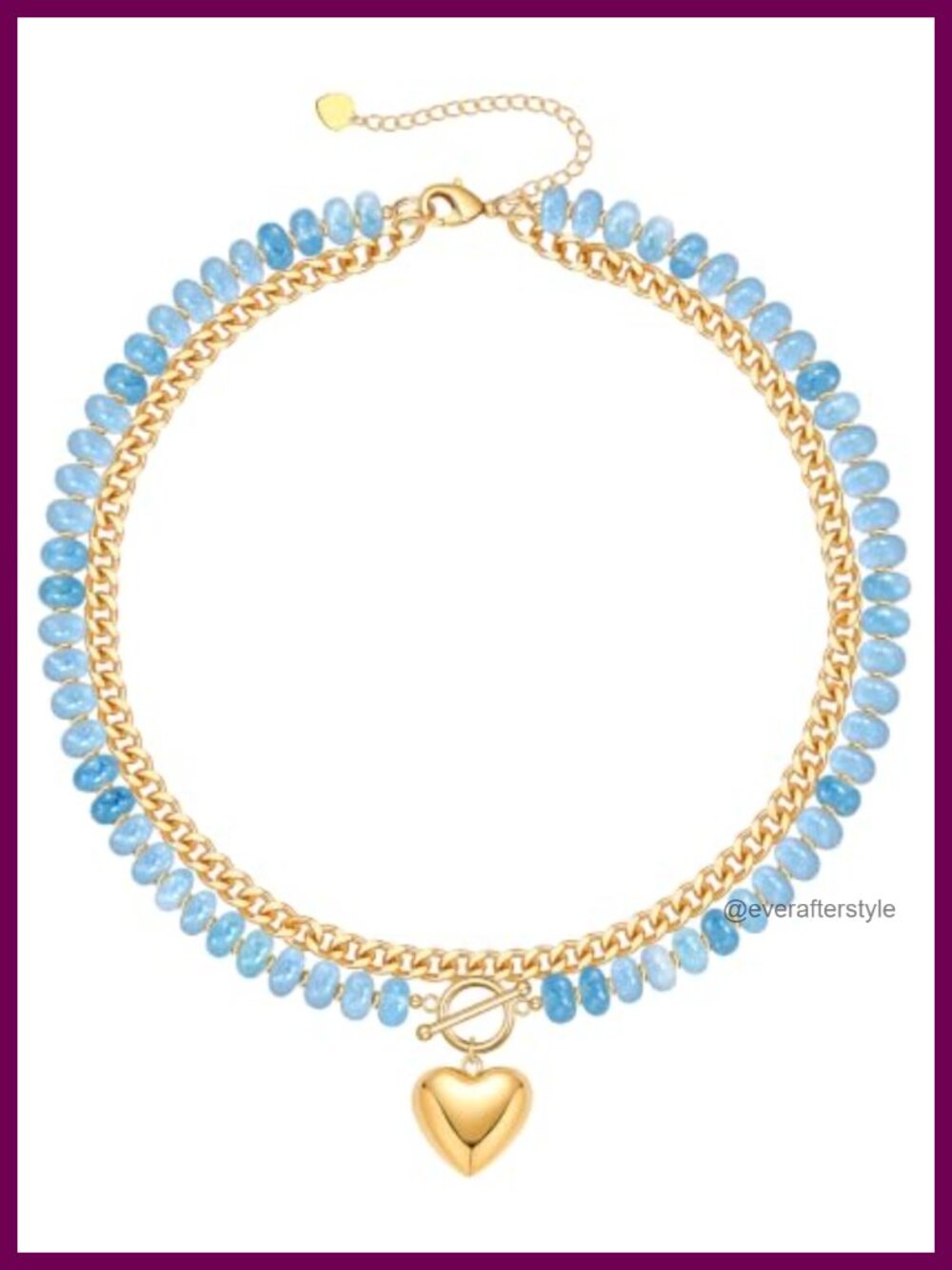 Layered Beaded Necklace 14k Gold Plated Cuban Link Heart Pendant Summer